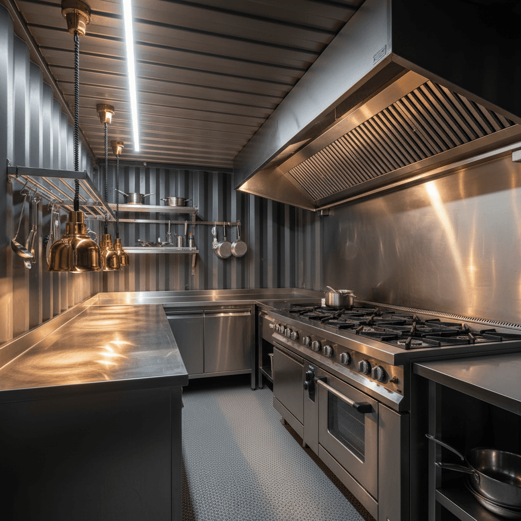 Commercial kitchen equipment inside a shipping container